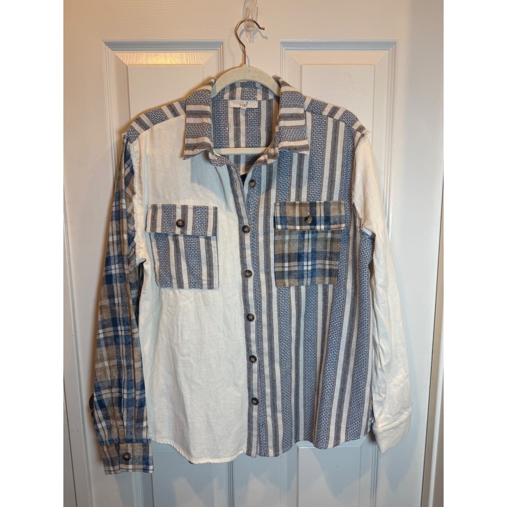 Easel Mixed Media Patchwork Plaid Striped Star Button Down Shirt Blue Size Small